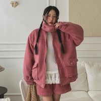 여자 하이넥 버튼 투포켓 오버핏 털 점퍼