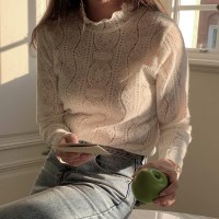 기모 겨울 레이스 펀칭 프릴 폴라넥 시스루 정장 블라우스