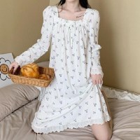 긴팔 파자마 여성 홈웨어 퍼플 잠옷 꽃무늬 원피스