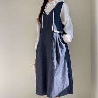 여자 소풍룩 스티치 브이 민소매 데님 롱원피스
