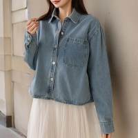 여자 데님셔켓 포켓 세미크롭 카라 청자켓