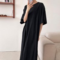 여자 분홍색 날개반팔 바스락 무지 롱원피스