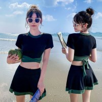 배색 크로스 라인 2피스 비키니 수영복 원피스 몸매보정 치마 세트