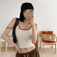 여자 골지 이너 브라렛 크롭 배색 나시 티셔츠