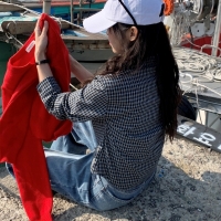 케키 슬림핏 크롭 체크셔츠 레이어드 남방