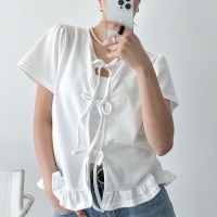 코튼 프릴 리본 반팔 가디건