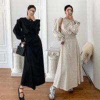 여자 봄 면 무지 퍼프 맨투맨 플레어 롱 스커트 세트 10SST0102