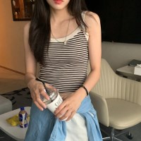 아키고 쫀쫀 슬림핏 단가라 스트라이프 끈 나시 민소매 슬리브리스