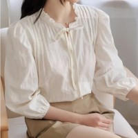 [SALE] 여성 여름 코튼 셔링 레이스 리본 블라우스