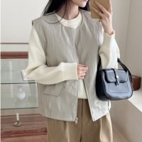 여자 가죽 밑단스트링 사이드포켓 가죽 조끼