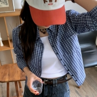 쿠앤크 체크 슬림핏 크롭 셔츠 봄 여름 남방