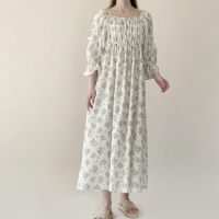 면100 셔링 스퀘어넥 롱 원피스 파자마