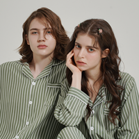 핑크존 커플용 소프트필 스트라이프 긴팔 카라 잠옷 상하의 세트