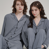 핑크존 커플용 소프트필 체크 네이비 긴팔 카라 잠옷 상하의 세트