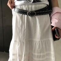 위스퍼 허리밴딩 핀턱 프릴 미디스커트 여름치마