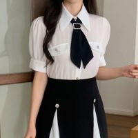 여자 콩단추 시스루 큐빅타이 반팔 블라우스