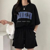 상하의 반바지 반팔 여름셋업 여성 라운드넥 레터링