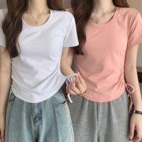 여름 여성 셔링티 U넥 반팔 티셔츠 여리핏 세미 크롭티