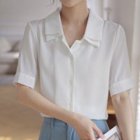 베이직 심플 이중카라 여성 반팔 블라우스 가을 남방