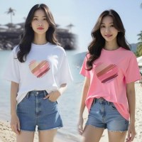 오버핏 여성 프린팅 유넥 반팔 티셔츠 박스티 5부 실