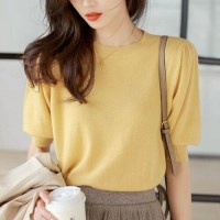 봄 여름 반팔 라운드 넥 여성 기본 니트 옐로우
