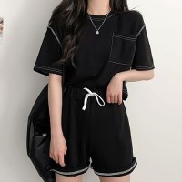 여성 여름 라운드넥 포켓 반팔 허리밴딩 반바지 셋업 LK-SS34