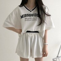 여성 2컬러 루즈핏 배색 브이넥 반팔 셋업 LK-SS37