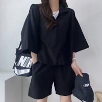여성 3컬러 캐주얼 하이넥 반팔 반집업 셋업 LK-SS12