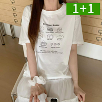 1+1 여성 라운드넥 레터링 반팔티 캐주얼 코튼 반팔 티셔츠