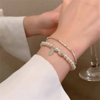 여성 실버 언밸런스 진주 미니멀 레이어드 팔찌