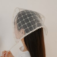 여자 시스루 체크 레이스 여리여리 커치프 두건