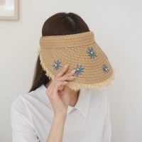 여자 플라워 배색 태슬 왕골 썬캡 모자