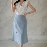 여자 여름하객룩 투명버튼 하늘색 롱스커트
