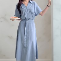 여자 벨트 랩 하늘색 카라넥 반팔 롱원피스
