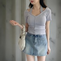 여자 홀터넥 슬림핏 브이넥 반팔 크롭 니트