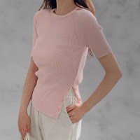 여자 반팔 골지 투웨이 단추 트임 니트