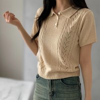여자 여름반팔니트 카라넥 꽈배기 단추 티셔츠