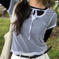 페더리 리본 스트링 도트 시스루 반팔 티셔츠 블라우스 2 color