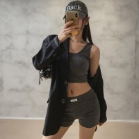 여자 크롭티 골지 민소매 숏팬츠 스판 세트
