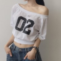 오프숄더 크롭 레이어드 반팔티 to-2564d
