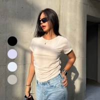 데일리 셔링 허리라인 슬림 스판 여름 반팔 핀턱 티셔츠