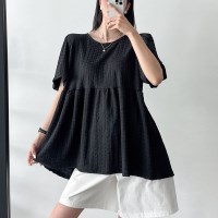 빅사이즈 반팔 셔링 퍼프 프릴 블라우스