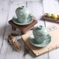 청자 운학 손잡이 2인 쌍화차잔 대추차 다기세트