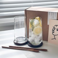 홈카페선물 길쭉이 유리컵 470ml 2인세트 (우드코스터)