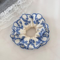 여성 블루 자수 패브릭 곱창 스크런치 헤어밴드