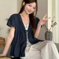 일레브 셔링 데님 리본 블라우스