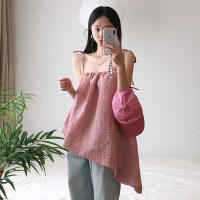 나폴리 셔링 체크 언발 리본 뷔스티에 나시 블라우스