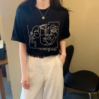 여성 데일리 루즈핏 페이스 드로잉 반팔티셔츠