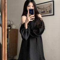D05 리본 오프숄더 퍼프 쉬폰 원피스