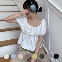 퍼프 리본 셔링 스퀘어넥 오프숄더 반팔 여름 나들이 블라우스